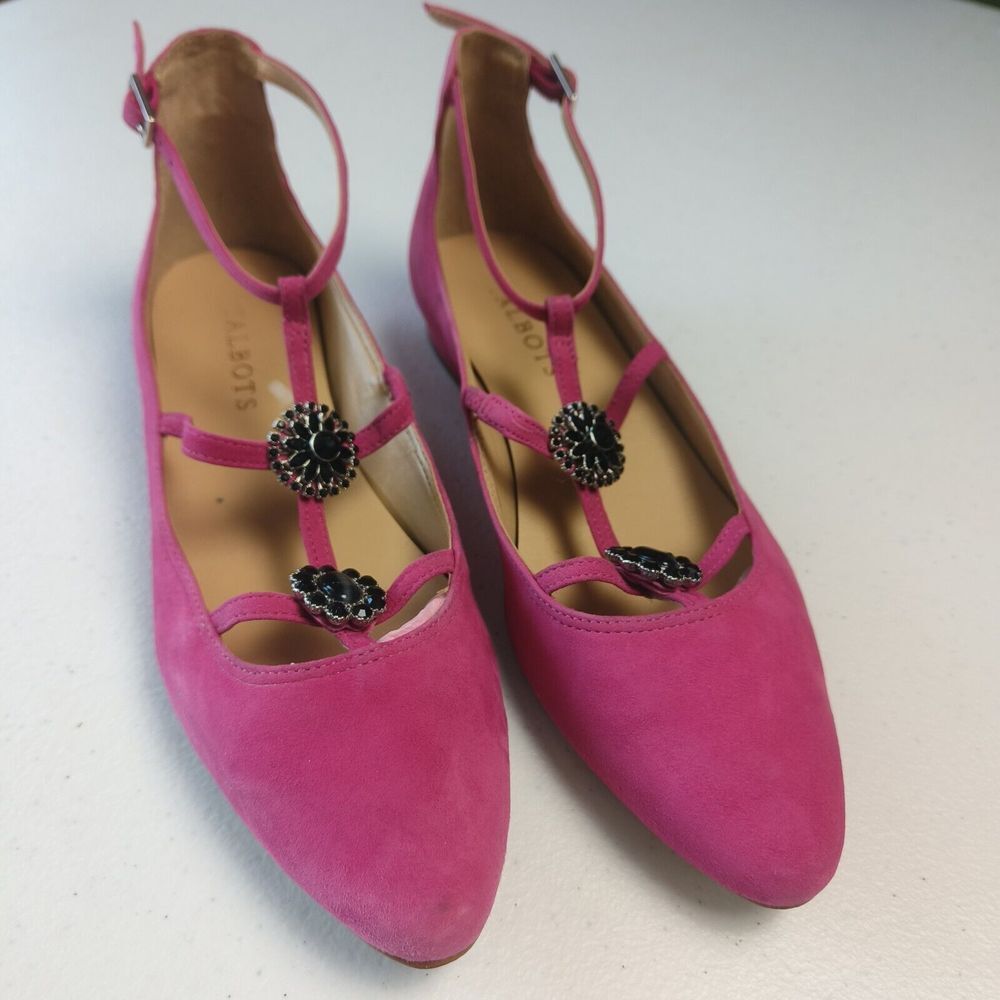 Talbots Black Jeweled Suede Strappy Buckle Flat Shoes Siz US 6 1/2 M Barbie Pink